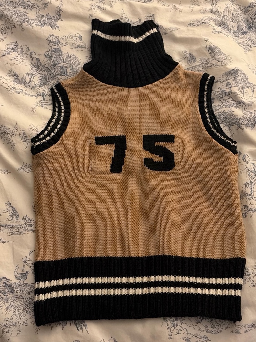 Sleeveless Turtleneck Sweater Vest in Camel and Black with Number Detail